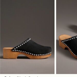 Anthropologie Black Suede Studded Wooden Clog